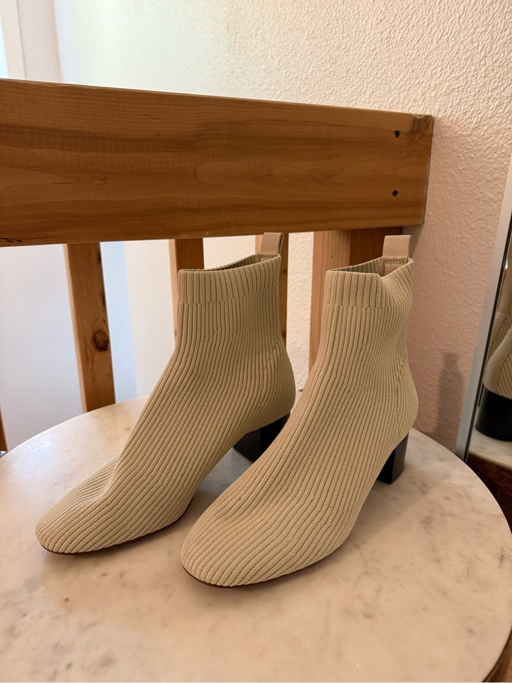 Everlane Cream Ribbed Knit Ankle Booties with Block Heel